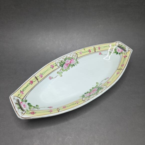 Nippon Hand Painted Celery Dish Pink Floral Porcelain 11in Chintz - Picture 15 of 16